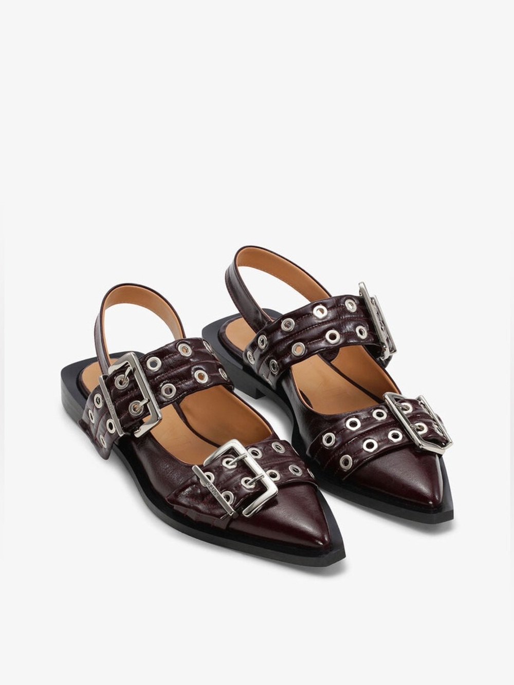 Pointed Slingback Flats with Buckle Straps - Burgundy
